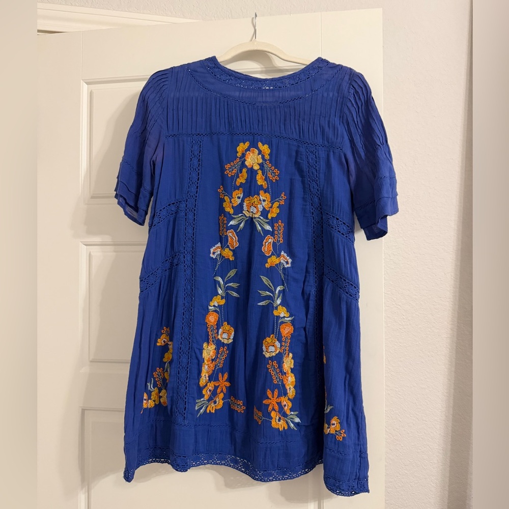 Free People Blue Embroidered Mini Dress